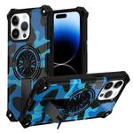 For iPhone 14 Pro Max Camouflage Kickstand Rotating Shaft MagSafe Phone Case(Blue Camouflage)