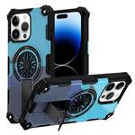 For iPhone 14 Pro Max Camouflage Kickstand Rotating Shaft MagSafe Phone Case(Carbon Fiber Sky Blue)
