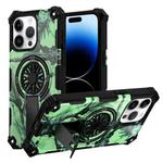 For iPhone 14 Pro Camouflage Kickstand Rotating Shaft MagSafe Phone Case(Bright Green Branches)