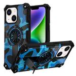 For iPhone 14 Plus Camouflage Kickstand Rotating Shaft MagSafe Phone Case(Blue Camouflage)