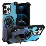 For iPhone 12 Pro Max Camouflage Kickstand Rotating Shaft MagSafe Phone Case(Carbon Fiber Sky Blue)