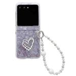 For Motorola Razr 40 Ultra Pearlescent Shell Texture Heart Pattern Phone Case with Bracelet(Pink)