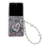 For Motorola Razr 40 Ultra Pearlescent Shell Texture Heart Pattern Phone Case with Bracelet(Pink Green)