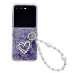 For Motorola Razr 40 Ultra Pearlescent Shell Texture Heart Pattern Phone Case with Bracelet(Purple)