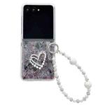 For Motorola Razr 50 Ultra Pearlescent Shell Texture Heart Pattern Phone Case with Bracelet(Pink Green)