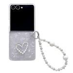 For Samsung Galaxy Z Flip7 Pearlescent Shell Texture Heart Pattern Phone Case with Bracelet(White)