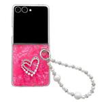 For Samsung Galaxy Z Flip7 Pearlescent Shell Texture Heart Pattern Phone Case with Bracelet(Red)