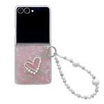 For Samsung Galaxy Z Flip7 Pearlescent Shell Texture Heart Pattern Phone Case with Bracelet(Pink Green)