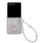 For Samsung Galaxy Z Flip7 Pearlescent Shell Texture Heart Pattern Phone Case with Bracelet(Beige)