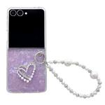 For Samsung Galaxy Z Flip7 Pearlescent Shell Texture Heart Pattern Phone Case with Bracelet(Purple)