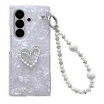 For Samsung Galaxy Z Fold7 5G Pearlescent Shell Texture Heart Pattern Phone Case with Bracelet(White)