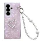 For Samsung Galaxy Z Fold7 5G Pearlescent Shell Texture Heart Pattern Phone Case with Bracelet(Pink)