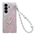 For Samsung Galaxy Z Fold7 5G Pearlescent Shell Texture Heart Pattern Phone Case with Bracelet(Pink Green)