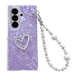 For Samsung Galaxy Z Fold7 5G Pearlescent Shell Texture Heart Pattern Phone Case with Bracelet(Purple)