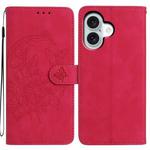 For iPhone 17 Moonlit Butterfly Dance Pattern Embossed Leather Phone Case(Rose Red)