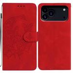 For iPhone 17 Pro Moonlit Butterfly Dance Pattern Embossed Leather Phone Case(Red)