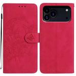 For iPhone 17 Pro Moonlit Butterfly Dance Pattern Embossed Leather Phone Case(Rose Red)