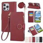 For iPhone 16 Pro Max Round Buckle Zipper Wallet Leather Phone Case with Crossbody Strap(Red)