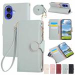 For iPhone 16 Plus Round Buckle Zipper Wallet Leather Phone Case with Crossbody Strap(Sky Blue)