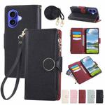 For iPhone 16 Plus Round Buckle Zipper Wallet Leather Phone Case with Crossbody Strap(Black)