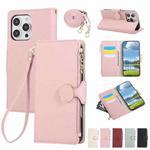 For iPhone 15 Pro Max Round Buckle Zipper Wallet Leather Phone Case with Crossbody Strap(Pink)
