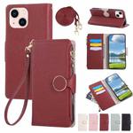 For iPhone 14 Plus Round Buckle Zipper Wallet Leather Phone Case with Crossbody Strap(Red)