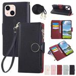 For iPhone 14 Plus Round Buckle Zipper Wallet Leather Phone Case with Crossbody Strap(Black)