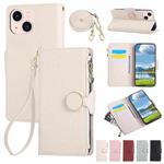 For iPhone 14 Round Buckle Zipper Wallet Leather Phone Case with Crossbody Strap(White)
