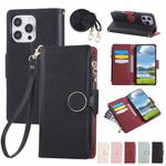 For iPhone 14 Pro Round Buckle Zipper Wallet Leather Phone Case with Crossbody Strap(Black)