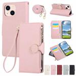 For iPhone 13 Round Buckle Zipper Wallet Leather Phone Case with Crossbody Strap(Pink)