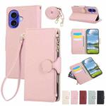 For iPhone 16 Round Buckle Zipper Wallet Leather Phone Case with Crossbody Strap(Pink)