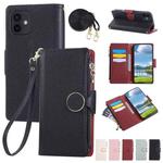 For iPhone 12 / 12 Pro Round Buckle Zipper Wallet Leather Phone Case with Crossbody Strap(Black)