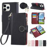 For iPhone 11 Pro Max Round Buckle Zipper Wallet Leather Phone Case with Crossbody Strap(Black)