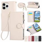 For iPhone 11 Pro Max Round Buckle Zipper Wallet Leather Phone Case with Crossbody Strap(White)