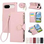 For Google Pixel 9a Round Buckle Zipper Wallet Leather Phone Case with Crossbody Strap(Pink)