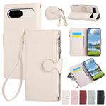 For Google Pixel 9a Round Buckle Zipper Wallet Leather Phone Case with Crossbody Strap(White)