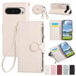 For Google Pixel 9 / 9 Pro Round Buckle Zipper Wallet Leather Phone Case with Crossbody Strap(White)