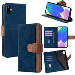 For Samsung Galaxy F06 5G Color Stitching Skin Feel Leather RFID Blocking Phone Case(Blue)