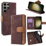 For Samsung Galaxy S23 Ultra 5G Color Stitching Skin Feel Leather RFID Blocking Phone Case(Brown)