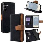 For Samsung Galaxy S25+ 5G Color Stitching Skin Feel Leather RFID Blocking Phone Case(Black)