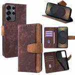 For Samsung Galaxy S25 Ultra 5G Color Stitching Skin Feel Leather RFID Blocking Phone Case(Brown)