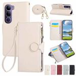For vivo V40 Lite Round Buckle Zipper Wallet Leather Phone Case with Crossbody Strap(White)