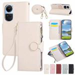 For OPPO Reno10 /10 Pro Global Round Buckle Zipper Wallet Leather Phone Case with Crossbody Strap(White)