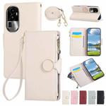 For OPPO Reno10 Pro+ Round Buckle Zipper Wallet Leather Phone Case with Crossbody Strap(White)