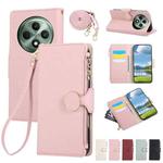 For OPPO Reno12 F Round Buckle Zipper Wallet Leather Phone Case with Crossbody Strap(Pink)