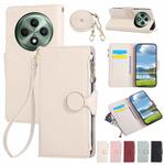 For OPPO Reno12 F Round Buckle Zipper Wallet Leather Phone Case with Crossbody Strap(White)