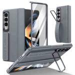 For Samsung Galaxy Z Fold4 Film Integrated Lens Frame Bracket Phone Case with Wristband(Grey)