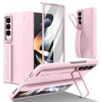 For Samsung Galaxy Z Fold4 Film Integrated Lens Frame Bracket Phone Case with Wristband(Pink)
