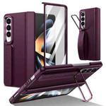 For Samsung Galaxy Z Fold4 Film Integrated Lens Frame Bracket Phone Case with Wristband(Wine Red)