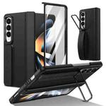For Samsung Galaxy Z Fold4 Film Integrated Lens Frame Bracket Phone Case with Wristband(Black)